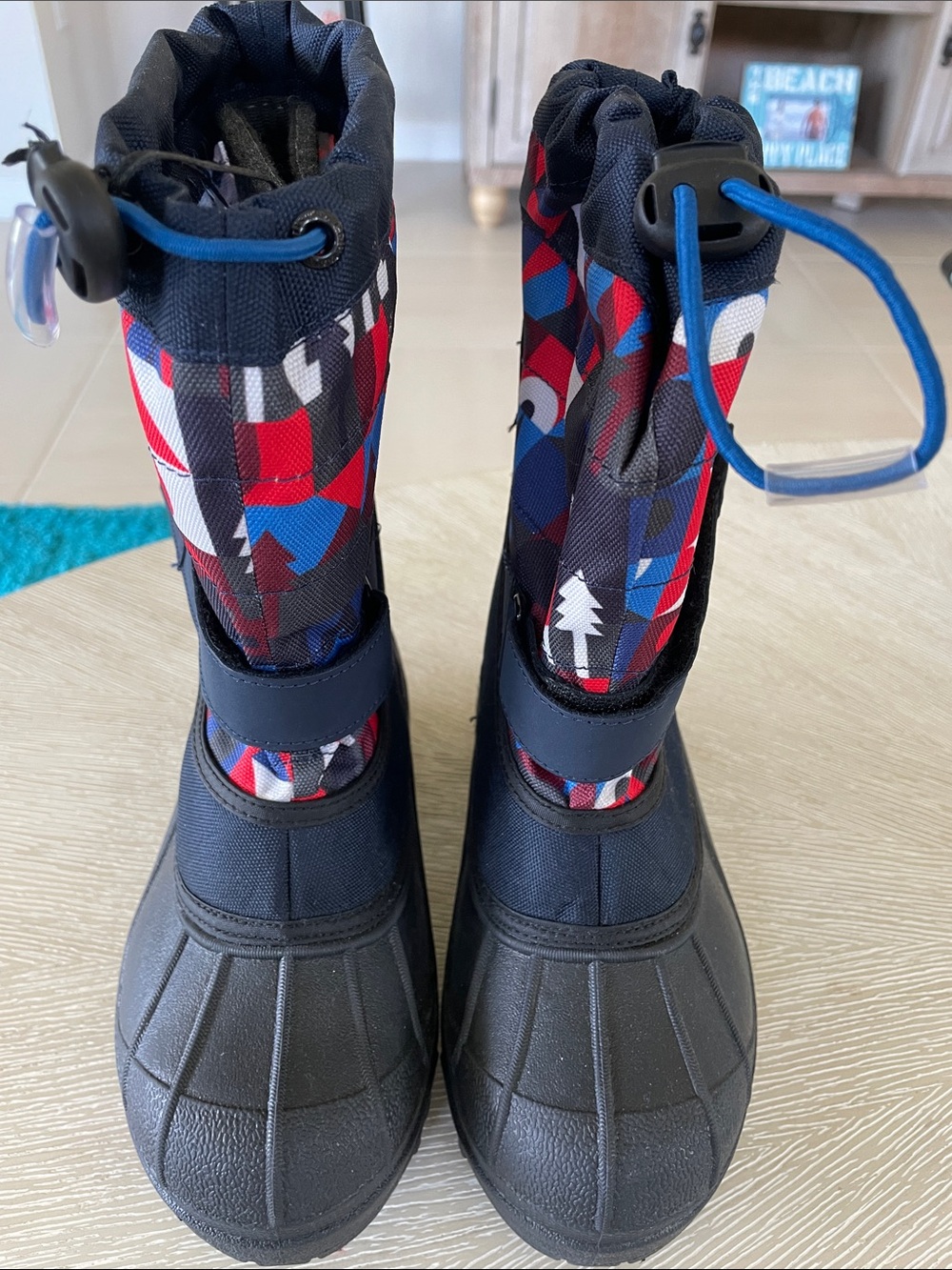 Columbia Kids Waterproof Winter Boots in Black, Red & Blue
